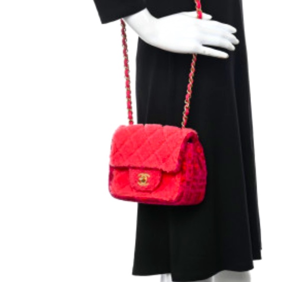 CHANEL π RARE 2 Tone Pink & Peach Faux Fur Shearling Quilted Tweed Matte Gold - Picture 14 of 15